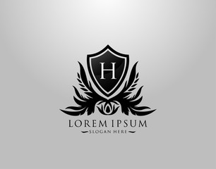 H Letter Logo. Inital H Majestic King Shield Black Design for  Boutique,  Hotel, Photography, Jewelry, Label.