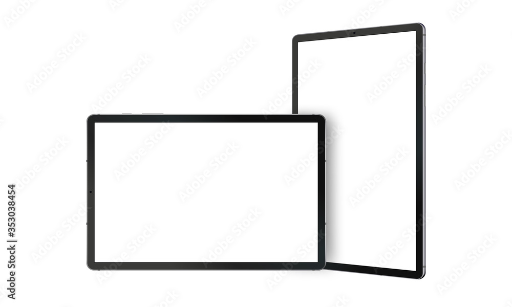 Poster black tablet computers mockups with horizontal and vertical screens, isolated on white background. v