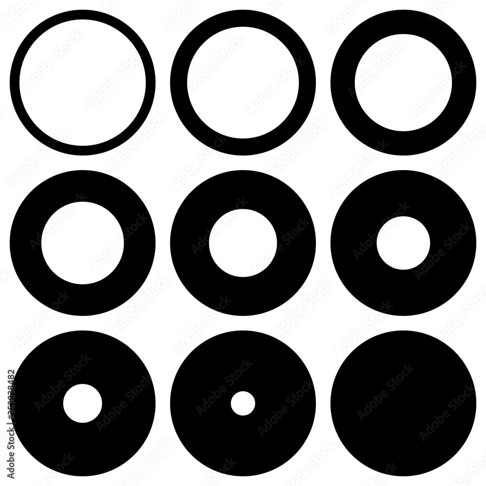 Poster set round with different thickness perimeter outline, vector circle washer design element circle, ro