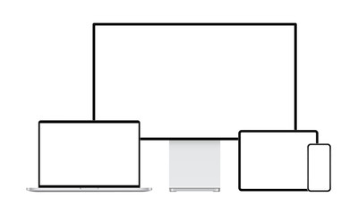 Modern devices mockups: desktop PC, laptop, tablet computer, mobile phone. Vector illustration