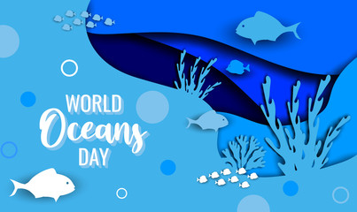 World oceans day banner paper art style