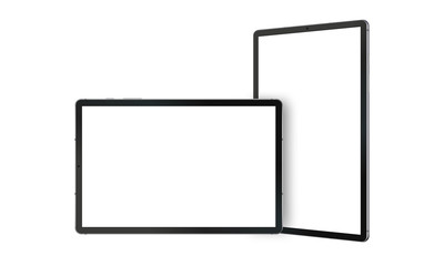 Black tablet computers mockups with horizontal and vertical screens, isolated on white background. Vector illustration