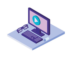 desktop computer with eyeglasses isometric icon
