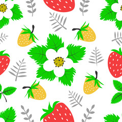 Seamless pattern with berries, flowers and strawberry leaves on white isolated . Vector illustration