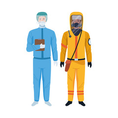 Fototapeta na wymiar workers wearing biosafety suits characters