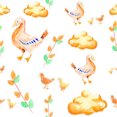 Cute yellow ducks and green twigs. spring set. seamless pattern. watercolor