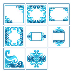Set of Vector Design of a Blue Wave Box Frame Ornament with a Natural Theme
