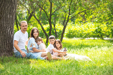 Happy beautiful big family together mother, father, children and dog walking on a Sunny summer day