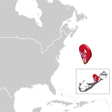 Bermuda Location Map on map North America. 3d  Bermuda flag map marker location pin. High quality map of Bahamas for your design.  UK. EPS10.
