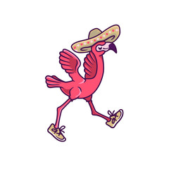 Flamingo in sneakers and sombrero mascot