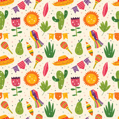 Mexico holiday. Little cute decor, sombrero, maracas, cactus, sun, flags, pear, leaves and grass. Mexican party. Latin America culture. Flat colourful vector seamless pattern, texture, background.