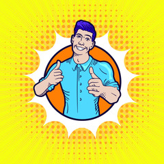 Happy young man shows thumbs up. Illustration in pop art, comic, retro style. 