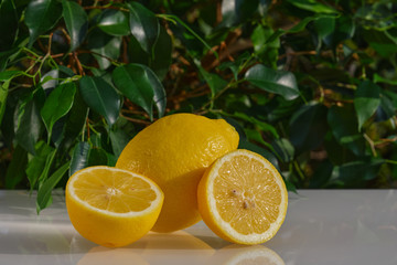 Lemon, white reflective table on wood background