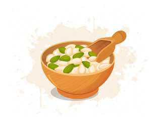 wooden bowl of pumpkin seeds vector illustration