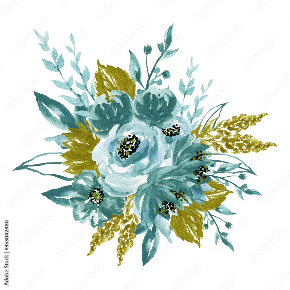 Wall mural watercolor splash elegant vintage garden botanical blue green gold flower bouquet hand