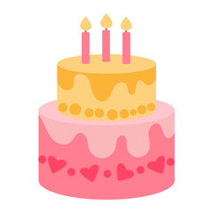 Two-tier festive cake with candles in a flat style on a white background. Delicious yellow and pink cream cake for a party. Sticker for childrens party design, icon for a party invitation with a treat