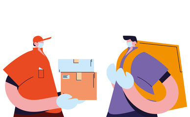 couriers with mask, gloves, and shipping packages