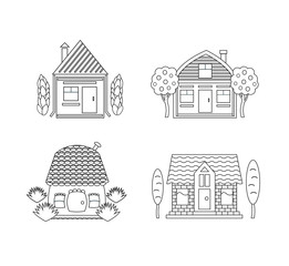 Vector illustration of a set of houses in black and white. Background, for coloring.