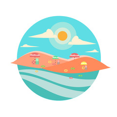 beautiful beach views with umbrellas and rings. summer beach vector illustration