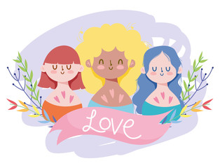 Girls cartoons with lgtbi leaves and love ribbon vector design