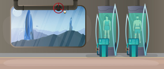 The concept of collonization of planets. Futuristic laboratory with cryogenic capsules. Cryon technology for humans or the cryogenic chamber of an astronaut. Sci-fi astronaut sleep mode. Vector. © Javvani