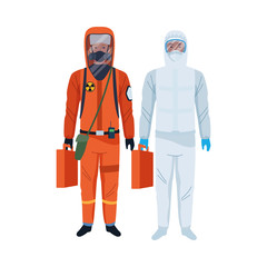 workers wearing biosafety suits characters