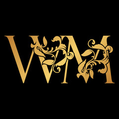 Golden Letter W and M, VM luxury Initial logo icon, gold vintage design template with tropical nature leaves ornament.