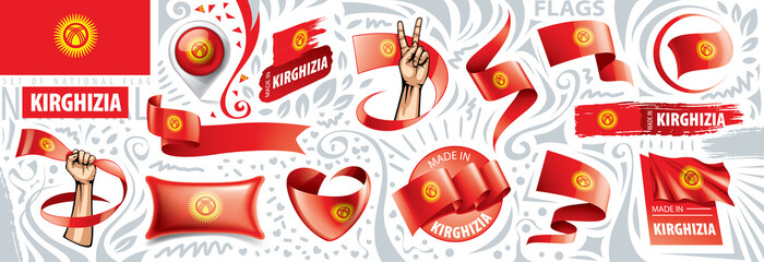 Vector set of the national flag of Kirghizia in various creative designs