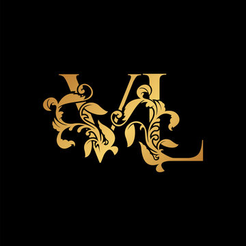 Golden Letter V and L, VL luxury Initial logo icon, gold vintage design template with tropical nature leaves ornament.