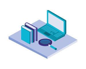 laptop computer with books and magnifying glass