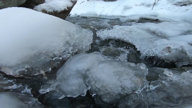 Frozen creek river in austrian Alps forest. Closeuo of ice in river and flowing water.