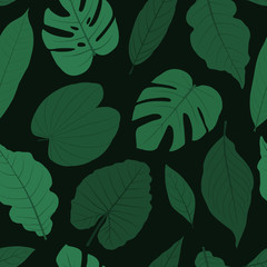 Leaves pattern or plant leaf Isolated on dark blue background. vector tropical leaves. green engraved ink art. Seamless pattern