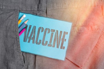Conceptual hand writing showing Vaccine. Concept meaning preparation of killed microorganisms or...