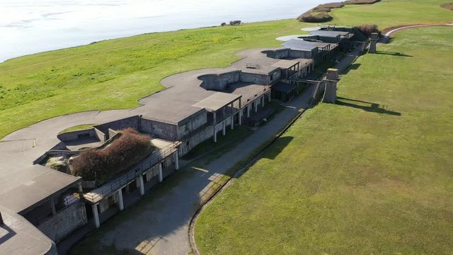 Aerial / drone footage of Fort Casey State Park, artillery, disappearing guns on Whidbey Island near Seattle, Washington during the COVID-19 pandemic closure