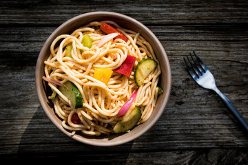 Spaghetti Salad is a delicious cold pasta salad served at a picnic