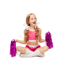 girl in a cheerleader costume with a pom poms on a white