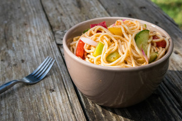 Spaghetti Salad is a delicious cold pasta salad served at a picnic