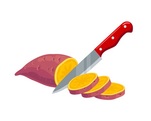 Sweet potato, slicing purple tuber by knife. Vector illustration cartoon flat icon isolated on pink.