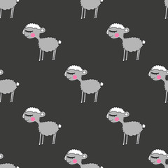 Seamless pattern with sheep.Vector background a hand-drawn Doodle-style illustration on a gray background. for fabric design, children s clothing design, packaging of organic products from farms.