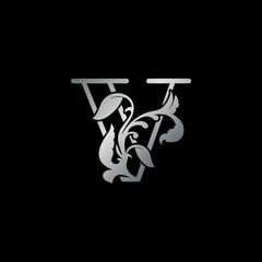 Rustic silver nature floral letter V initial logo icon luxury style vector design template for brand identity.