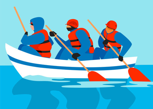 People In The Boat. Rescuers. Saving People In A Flood. Vector Illustration Of Rescuers In A Boat