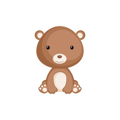 Cute funny sitting baby bear isolated on white background. Woodland adorable animal character for design of album, scrapbook, card and invitation. Flat cartoon colorful vector illustration.