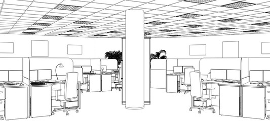 office contour visualization, 3D illustration, sketch, outline