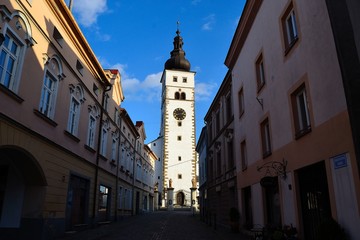 Fototapeta premium The bell tower of the Church of the Nativity of the Virgin Mary, Pribor, Czech Republic