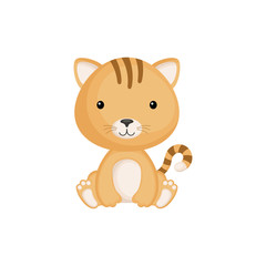 Cute funny sitting baby cat isolated on white background. Domestic adorable animal character for design of album, scrapbook, card and invitation. Flat cartoon colorful vector illustration.