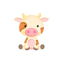 Cute funny sitting baby cow isolated on white background. Domestic adorable animal character for design of album, scrapbook, card and invitation. Flat cartoon colorful vector illustration.