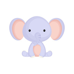 Cute funny sitting baby elephant isolated on white background. Wild african adorable animal character for design of album, scrapbook, card and invitation. Flat cartoon colorful vector illustration.