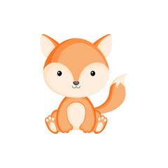 Cute funny sitting baby fox isolated on white background. Woodland adorable animal character for design of album, scrapbook, card and invitation. Flat cartoon colorful vector illustration.
