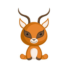 Cute funny sitting baby gazelle isolated on white background. Wild african adorable animal character for design of album, scrapbook, card and invitation. Flat cartoon colorful vector illustration.