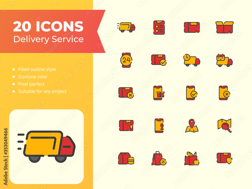 Poster 20 delivery service icons set with outline style filled yellow and orange color modern flat design v